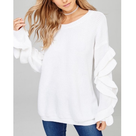 White Ruffle Sleeve Ribbed Sweater Pullover - Picture 6 of 8